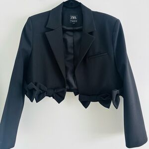 ZARA Black Cropped Blazer with Bow Trim